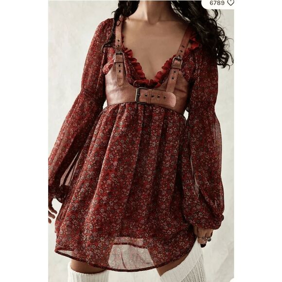 Free People Pennie Printed Babydoll Lace Ruffles Mini Dress S Cherry combo size - Picture 3 of 7